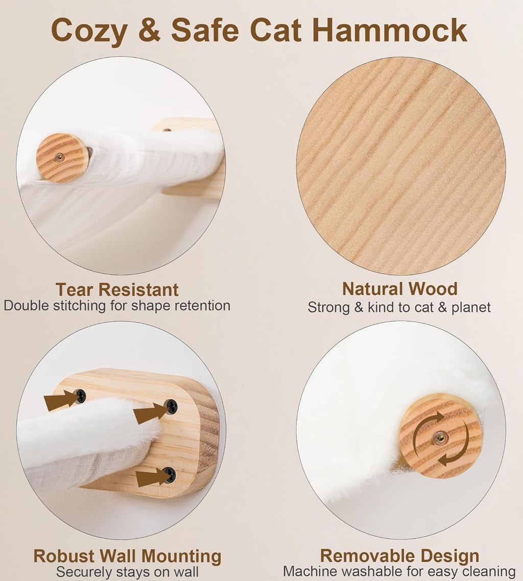 Peluomoz Beige 4-Piece Wall-Mounted Cat Hammock Set - Floating Bed + 2 4-Step Ladders & Flat Shelf (Indoor Playground)