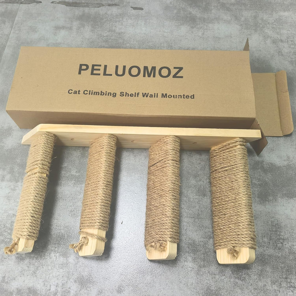PELUOMOZ Natural Wood 4-Step Reversible Cat Stair Shelf - Wall-Mounted Sisal Rope Climber Furniture