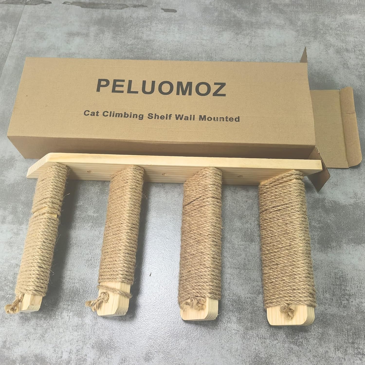 PELUOMOZ Natural Wood 4-Step Reversible Cat Stair Shelf - Wall-Mounted Sisal Rope Climber Furniture