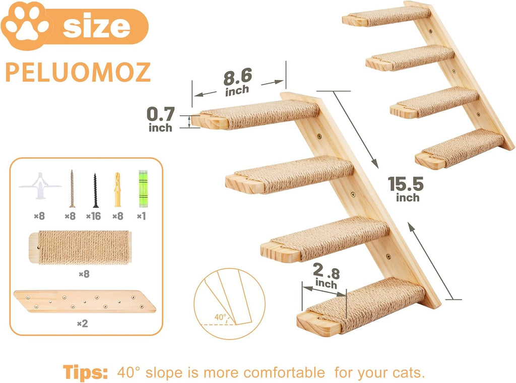 PELUOMOZ Natural Wood 4-Step Reversible Cat Stair Shelf - Wall-Mounted Sisal Rope Climber Furniture