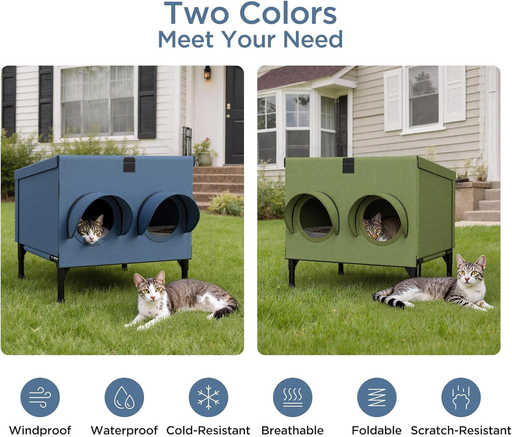 Outdoor Cat Feeding Shelter for Feral & Stray Cats, Insulated Dining Room with Slanted Roof & Double Feed Hole, Connects to PELUOMOZ Cat Houses, Windproof & Weatherproof - Navy Blue, 16" x 12" x 15.5"