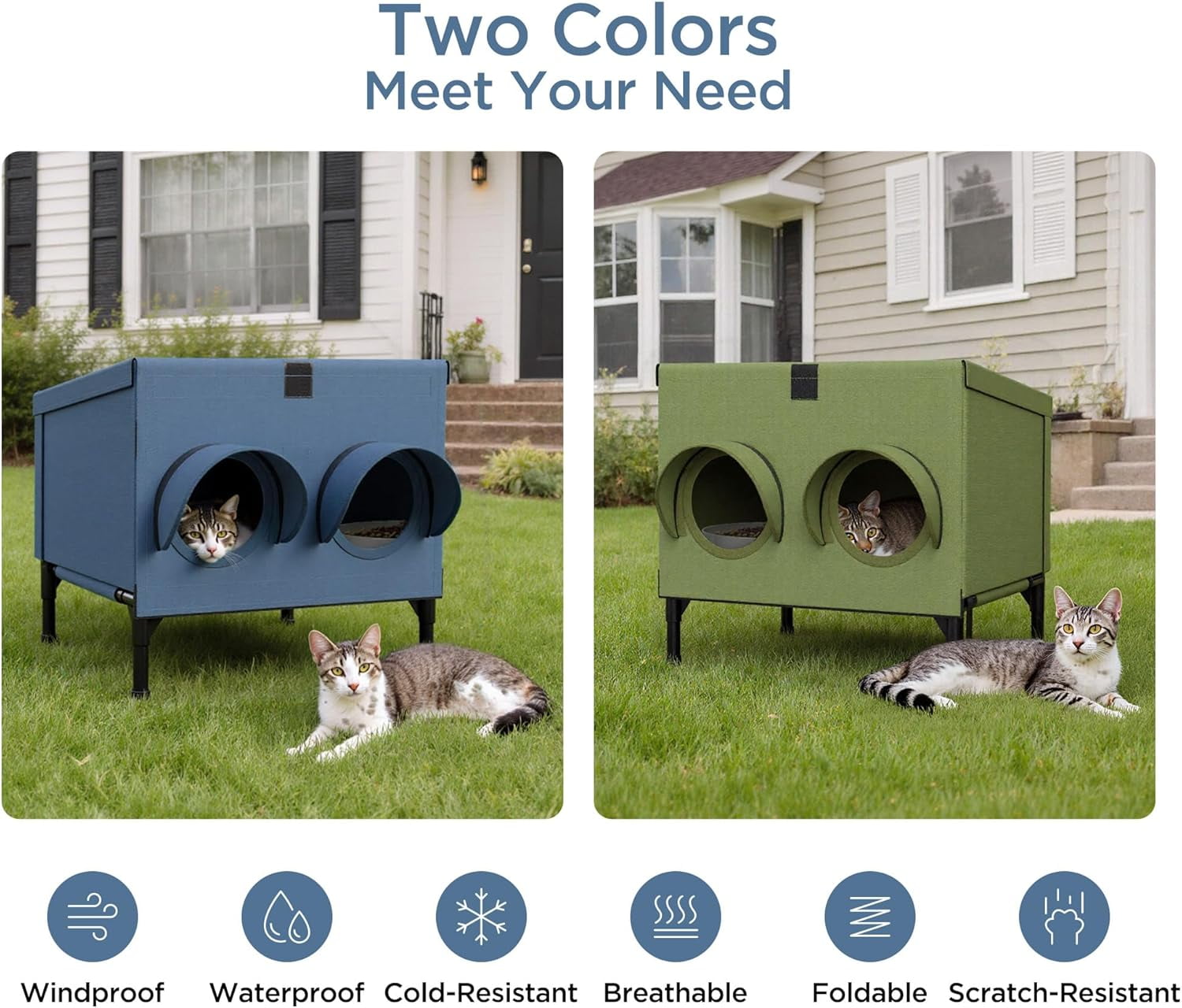 Outdoor Cat Feeding Shelter for Feral & Stray Cats, Insulated Dining Room with Slanted Roof & Double Feed Hole, Connects to PELUOMOZ Cat Houses, Windproof & Weatherproof - Navy Blue, 16" x 12" x 15.5"