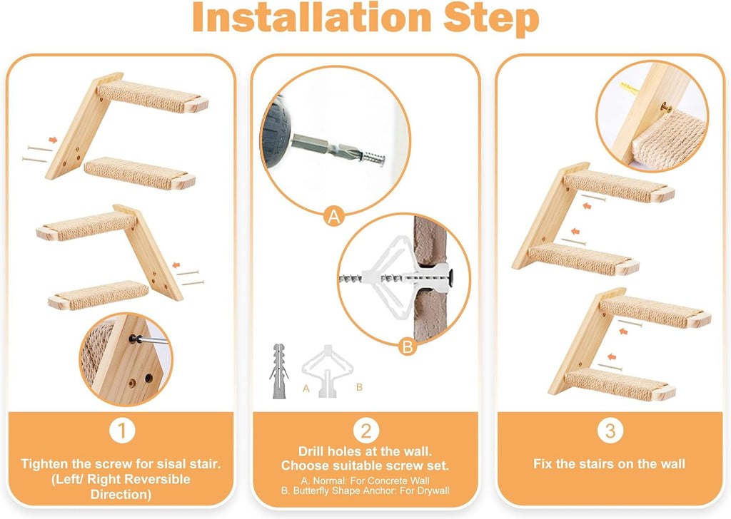 Cat Climbing Stair Shelf Wall Mounted Reversible Left & Right Direction, Cat Stairway Shelf for Climbing with Sisal Rope Ladder Cat Wall Furniture