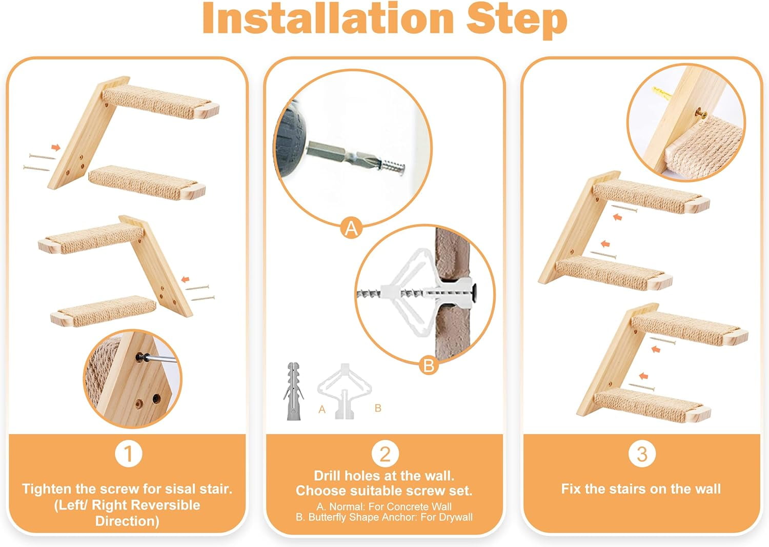 Cat Climbing Stair Shelf Wall Mounted Reversible Left & Right Direction, Cat Stairway Shelf for Climbing with Sisal Rope Ladder Cat Wall Furniture