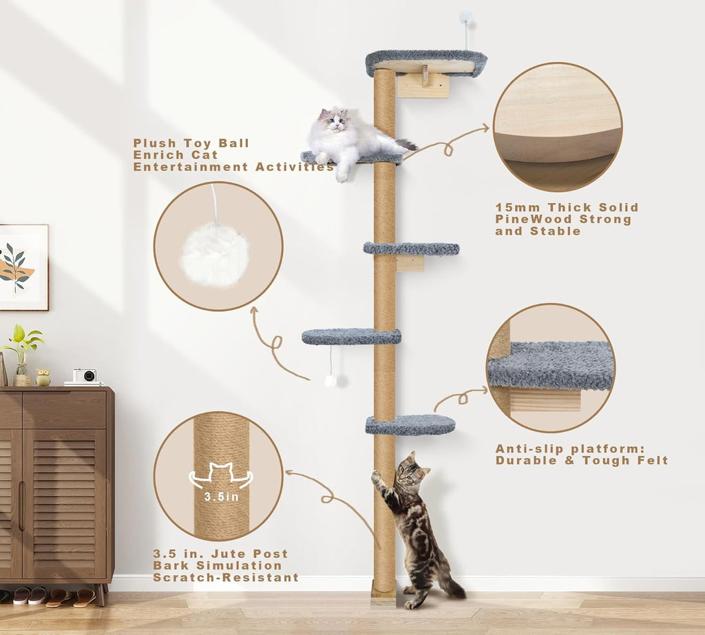 Peluomoz Adjustable Height Floor-to-Ceiling Kitten Cat Tree - Wall-Mounted 83" Climbing Tower with Grey Plush Pads & Scratching Post