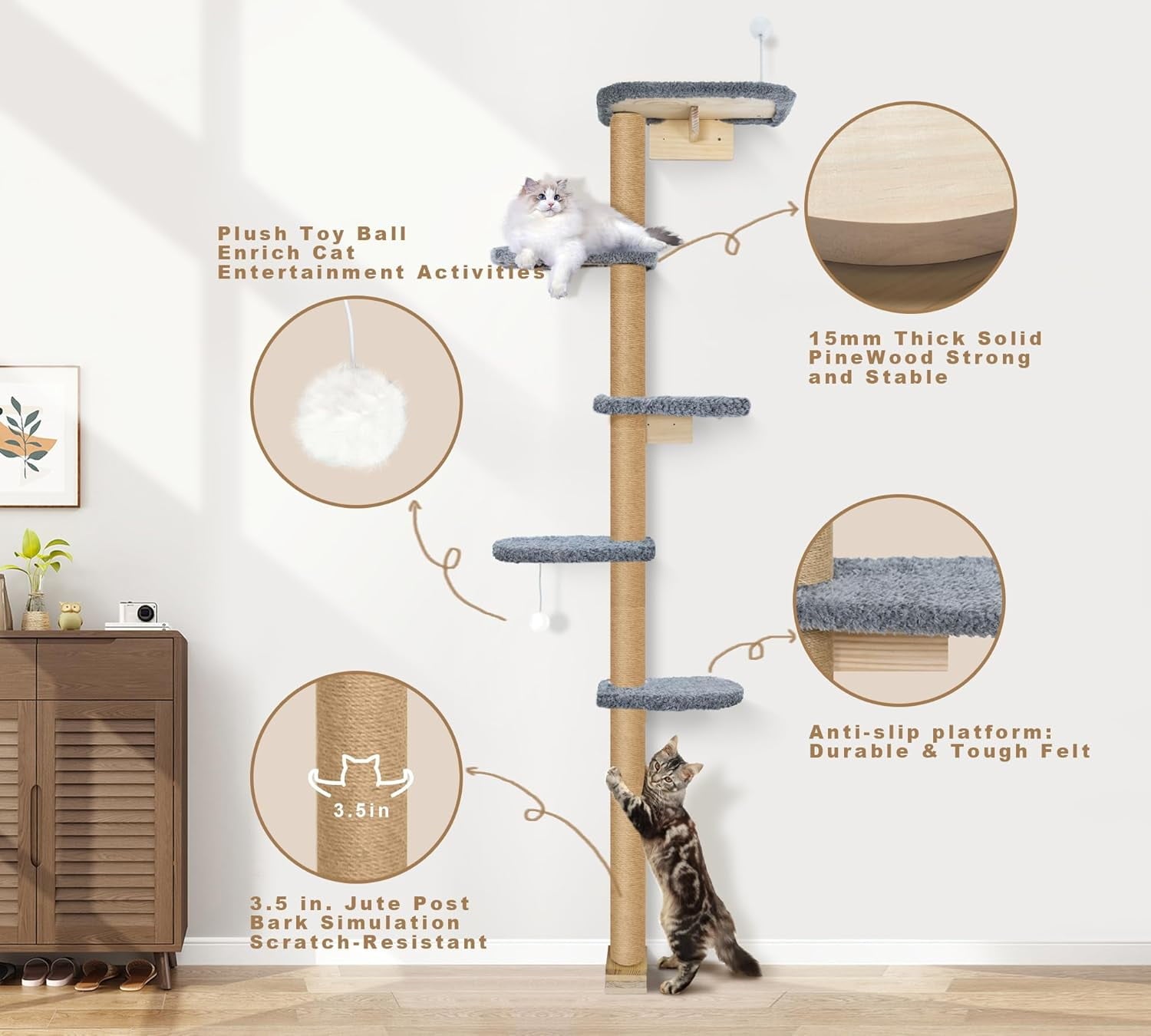 Peluomoz Adjustable Height Floor-to-Ceiling Kitten Cat Tree - Wall-Mounted 83" Climbing Tower with Grey Plush Pads & Scratching Post