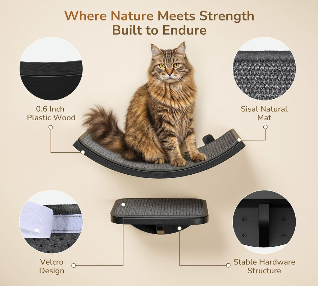 Peluomoz Wall-Mounted Wooden Cat Climbing Set - 2 Steps + Curved Platform with Scratching Mat (Feline Activity Furniture)