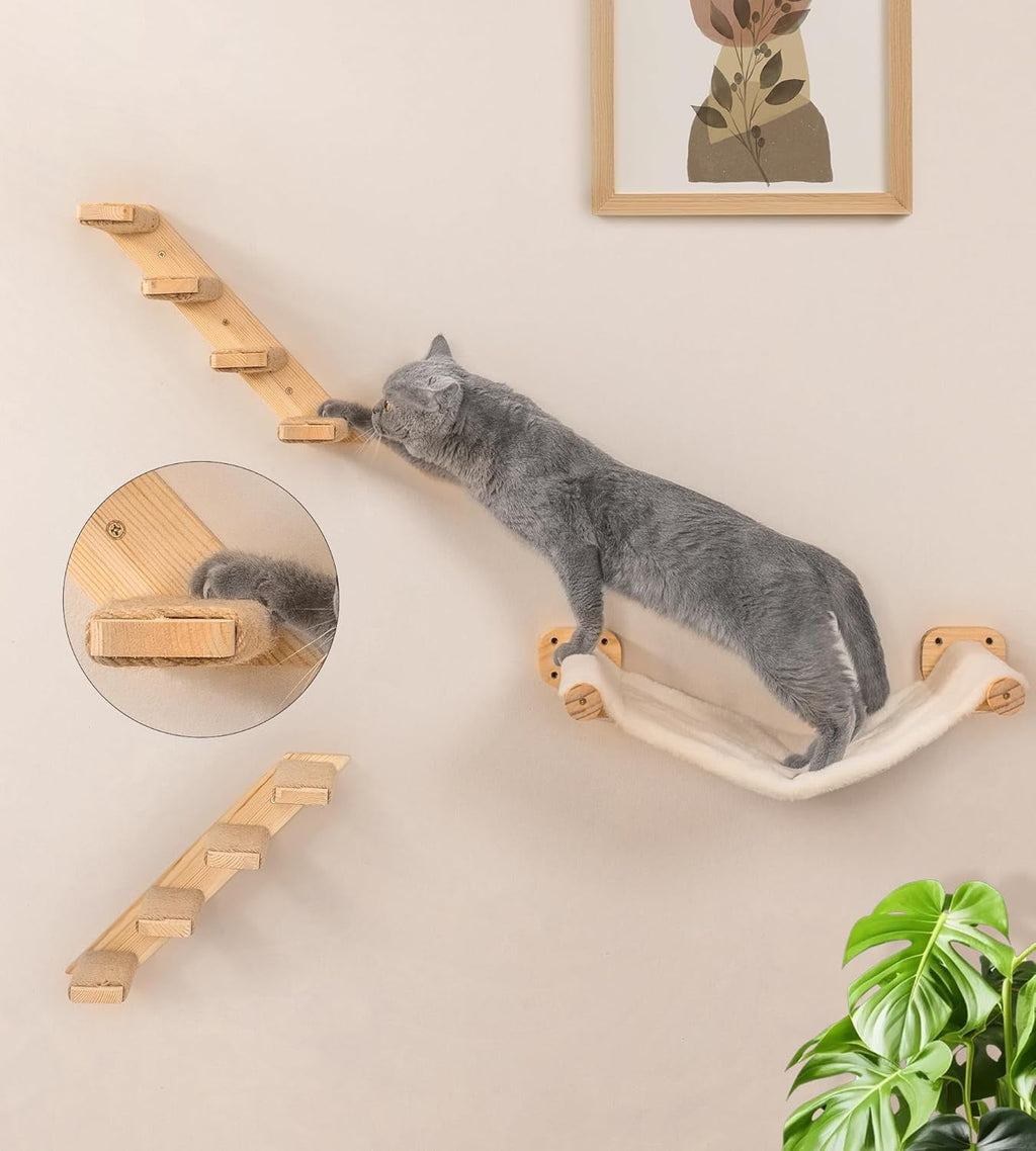 Peluomoz Beige 4-Piece Wall-Mounted Cat Hammock Set - Floating Bed + 2 4-Step Ladders & Flat Shelf (Indoor Playground)