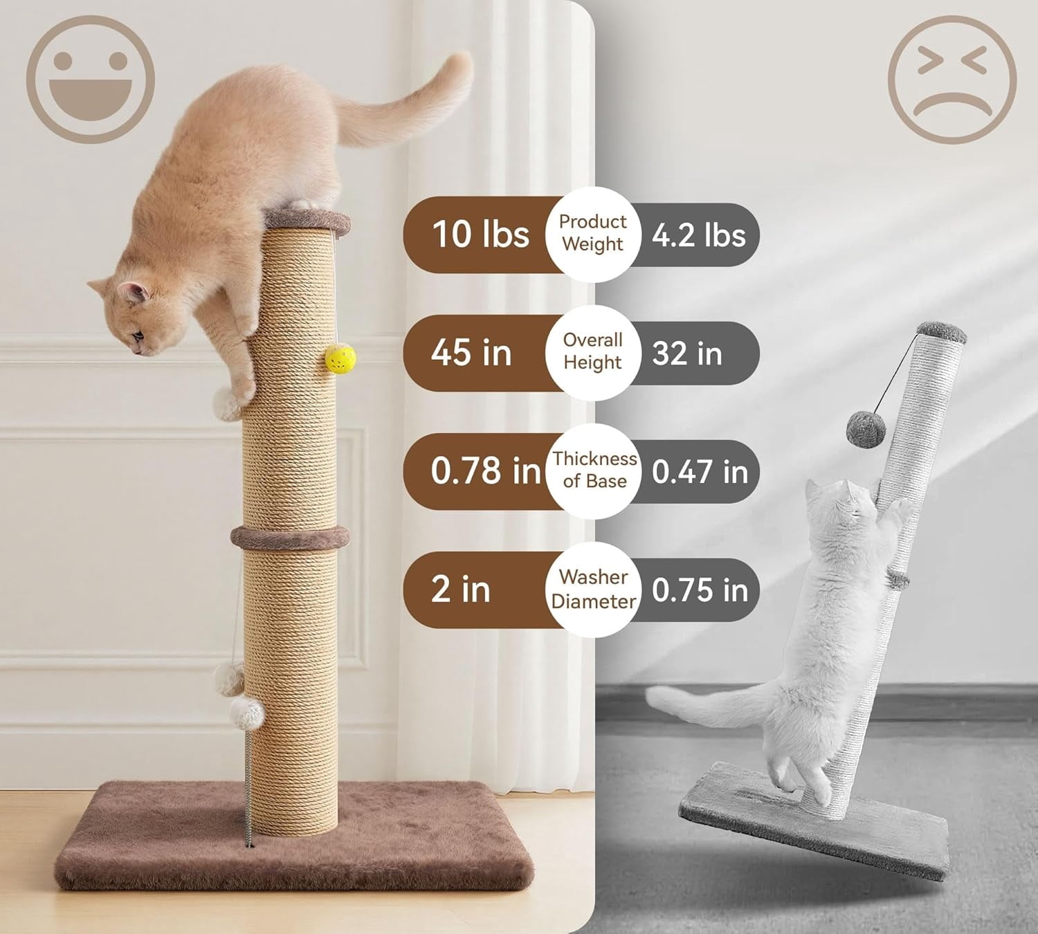 5-Inch Thick Sisal Cat Scratching Post, 36" Tall Scratch Tower with 6.5" Top Perch and Large 20.8 x 15.9" Stable Base, Durable Cat Scratcher for Indoor Cats, Brown