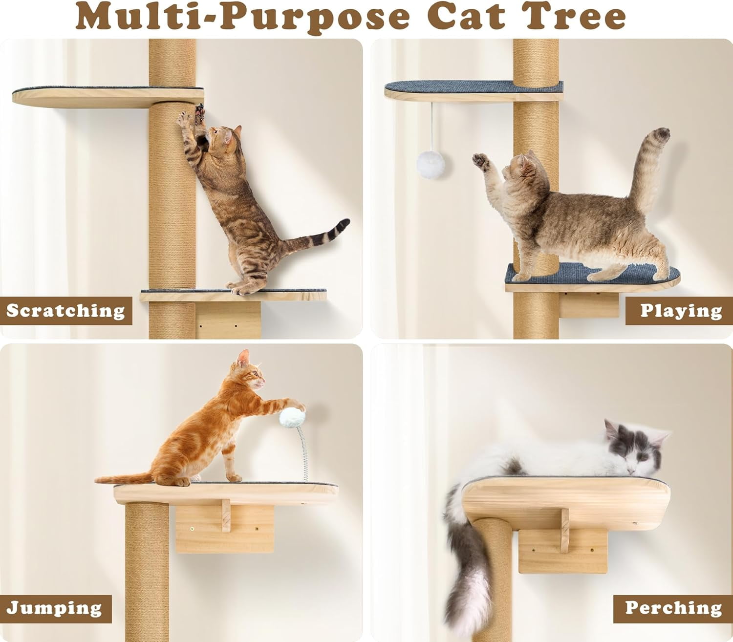 Peluomoz Adjustable Height Floor-to-Ceiling Kitten Cat Tree - Wall-Mounted 5-Tier Natural Pine Shelves with Grey Felt Pads