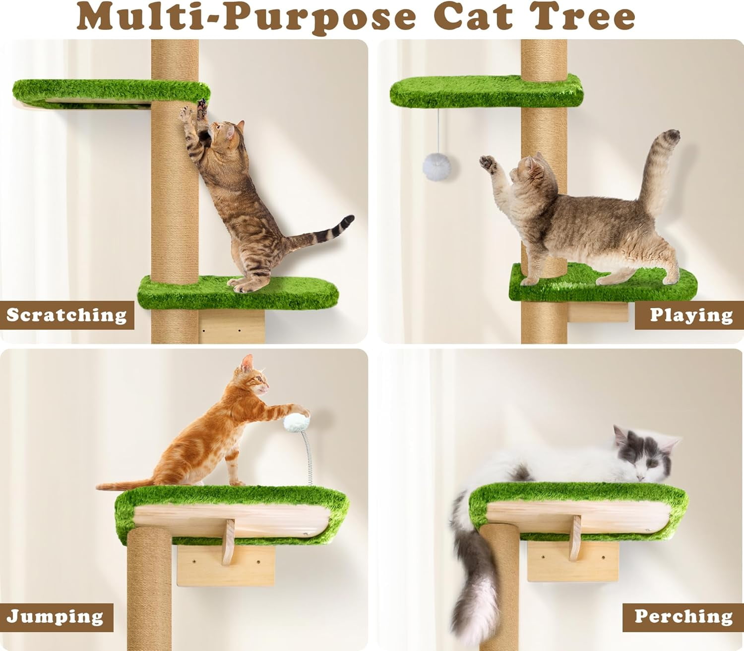 Peluomoz Adjustable Height Floor-to-Ceiling Cat Tree - Wall-Mounted 5-Platform Kitten Climber with Green Plush Pads