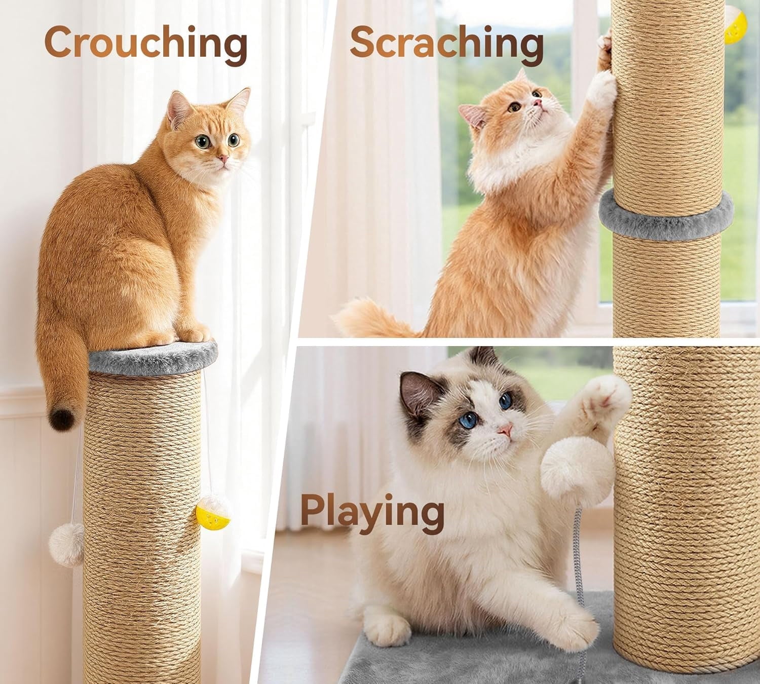 Peluomoz 36-Inch Sisal Cat Scratching Post with Perch, Gray