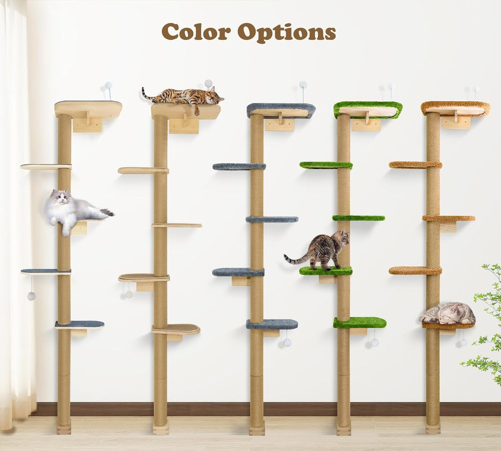 Peluomoz Adjustable Height Floor-to-Ceiling Kitten Cat Tree - Wall-Mounted 5-Tier Natural Pine Shelves with Grey Felt Pads