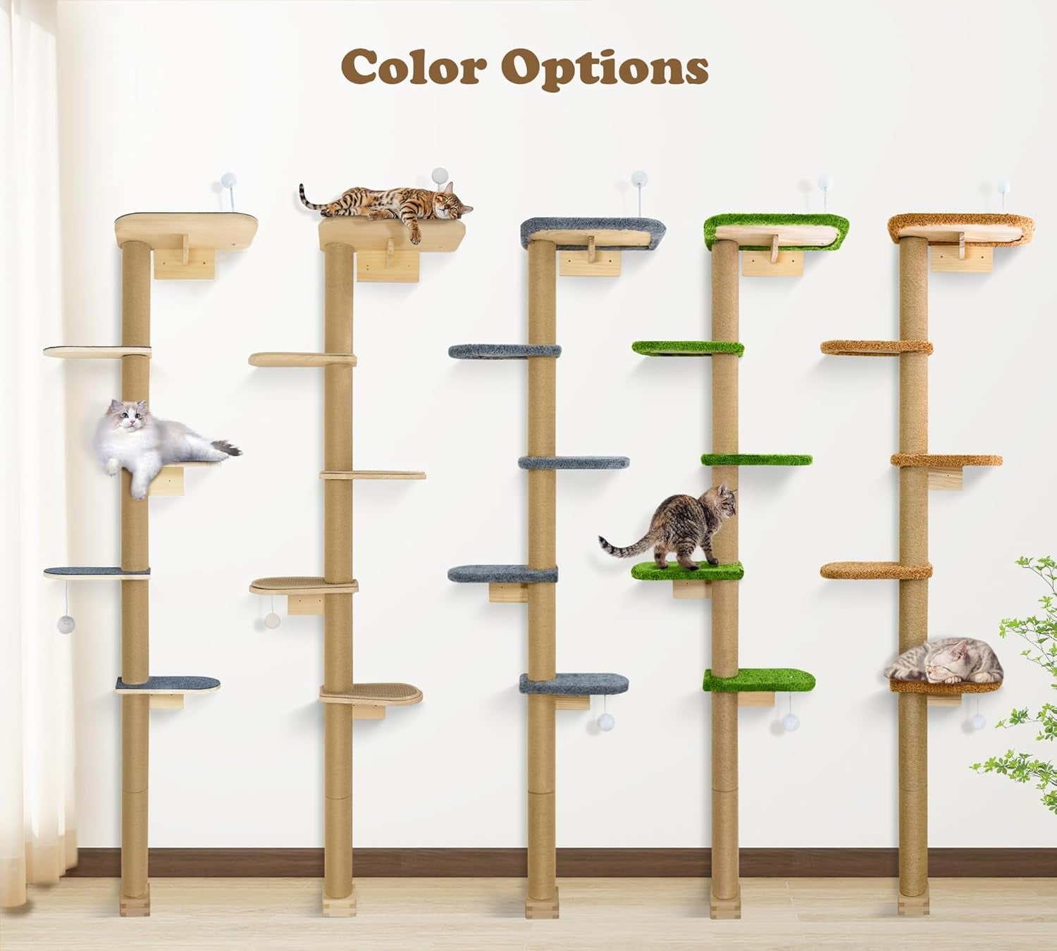 Peluomoz Adjustable Height Floor-to-Ceiling Kitten Cat Tree - Wall-Mounted 5-Tier Natural Pine Shelves with Grey Felt Pads