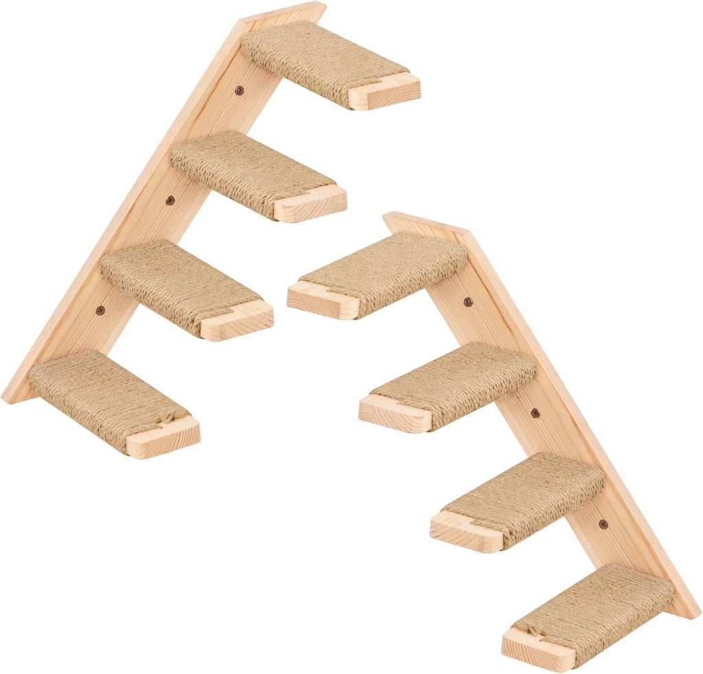 PELUOMOZ Natural Wood 4-Step Reversible Cat Stair Shelf - Wall-Mounted Sisal Rope Climber Furniture