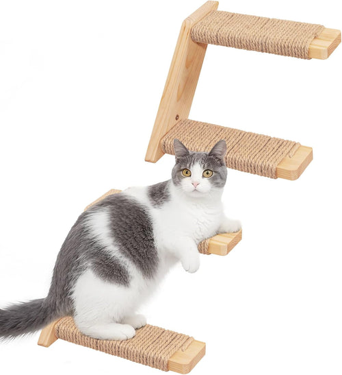 Cat Climbing Stair Shelf Wall Mounted Reversible Left & Right Direction, Cat Stairway Shelf for Climbing with Sisal Rope Ladder Cat Wall Furniture