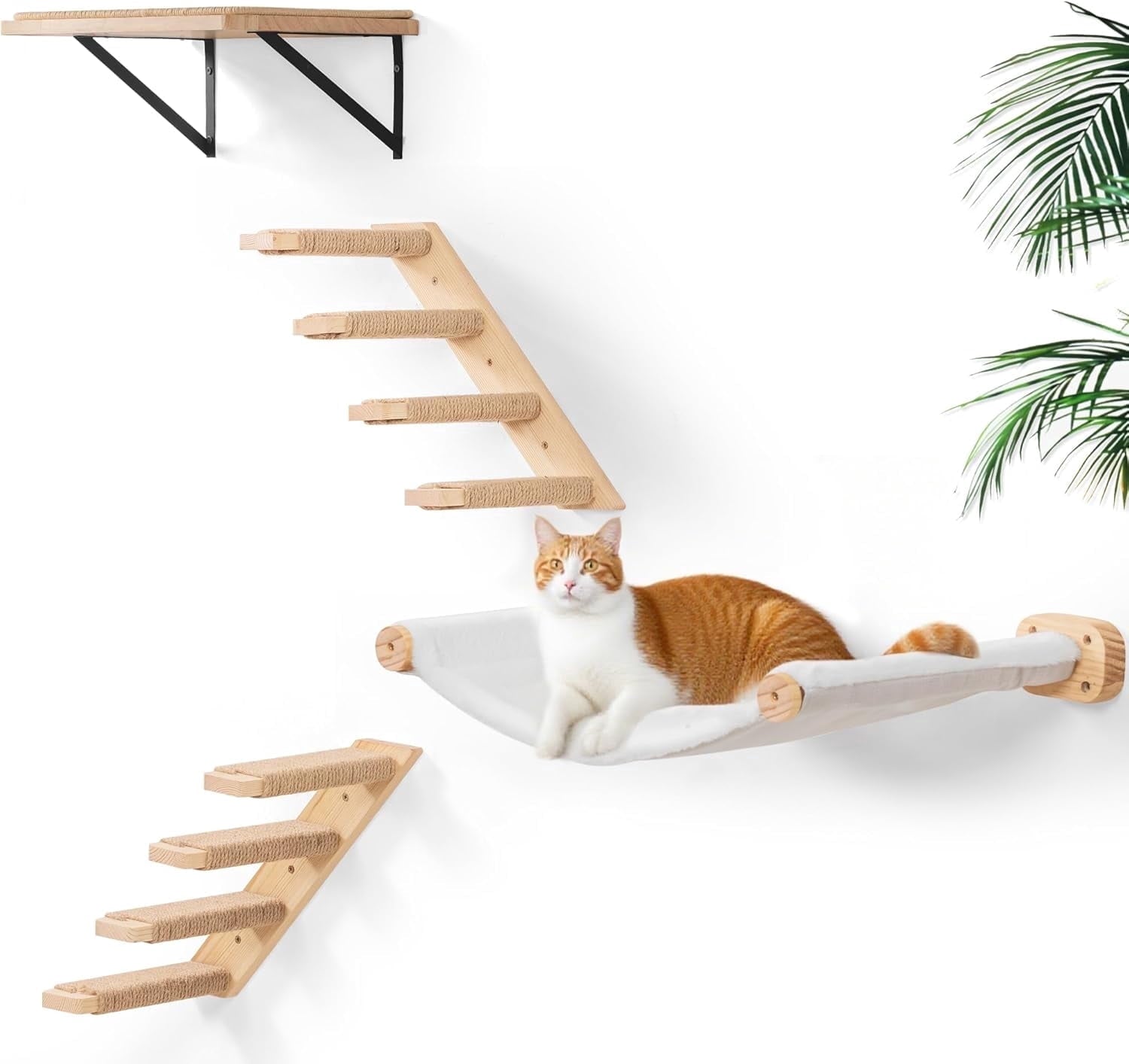 Peluomoz Beige 4-Piece Wall-Mounted Cat Hammock Set - Floating Bed + 2 4-Step Ladders & Flat Shelf (Indoor Playground)