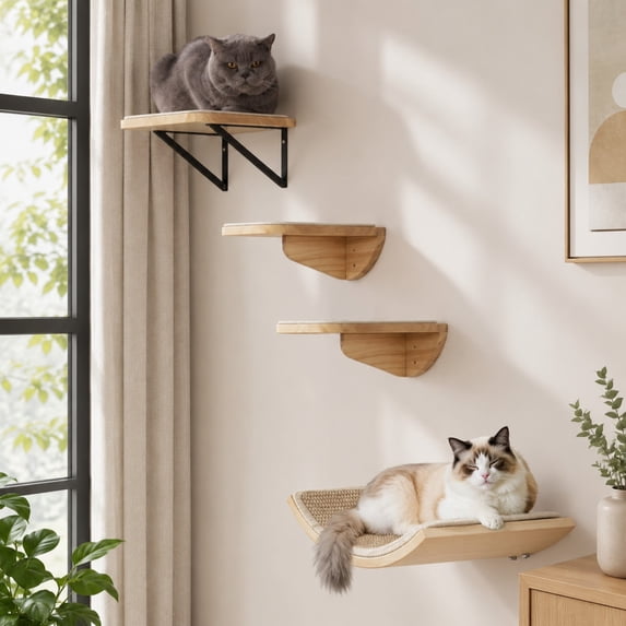 Peluomoz Cat Wall Shelves, Natural Wood Wall Mounted Set with 2 Steps and 2 Platforms