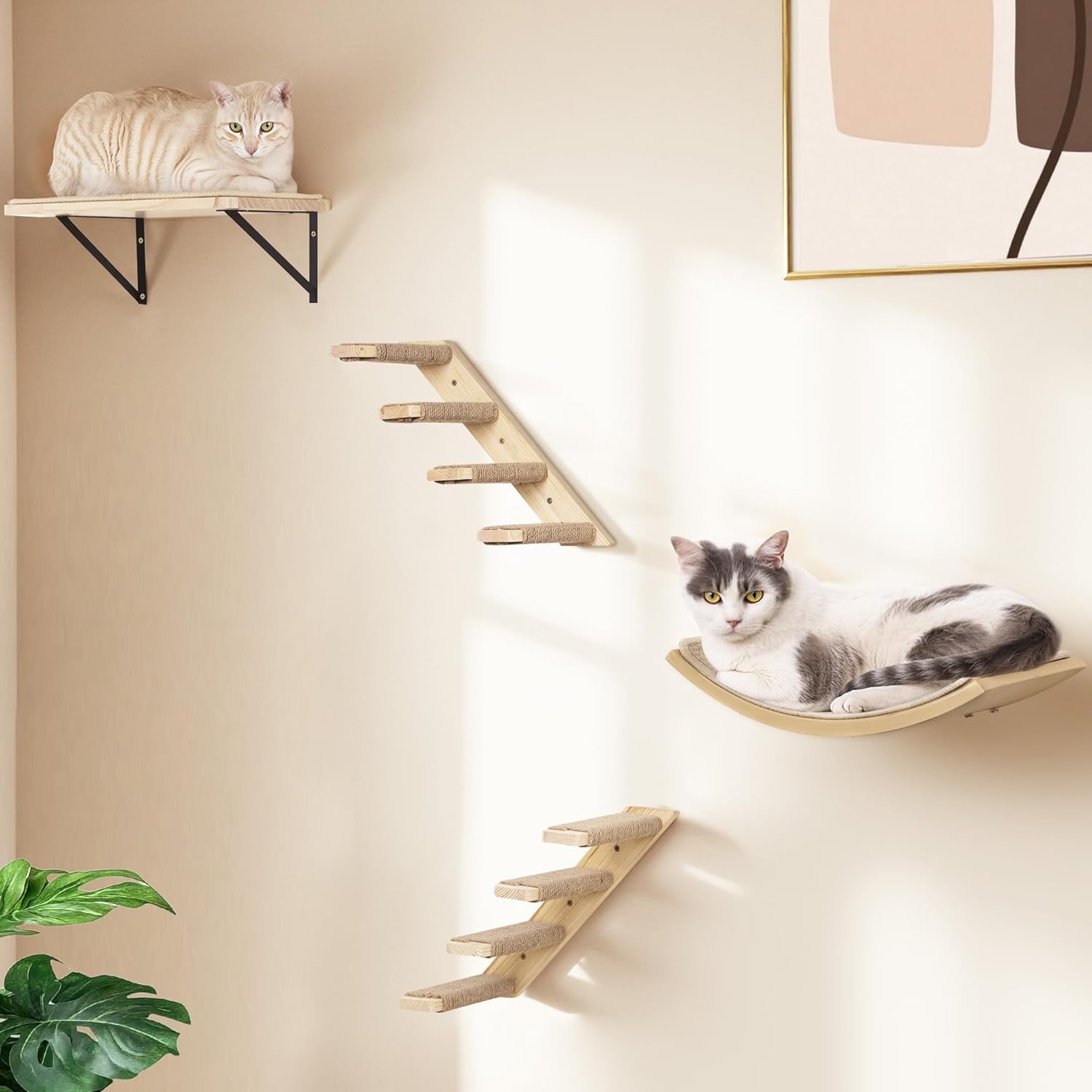 Cat Shelves with Scratching Mat, Cats Wall Furniture Set with 2 Steps 1 Square Platform and 1 Curved Platforms, Wooden Cat Climbing Frame Set for Sleeping and Playing