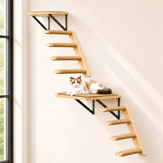 PELUOMOZ Wall Mount Cat Shelf Set, Four-Step Climber Stairs, 2-Pack