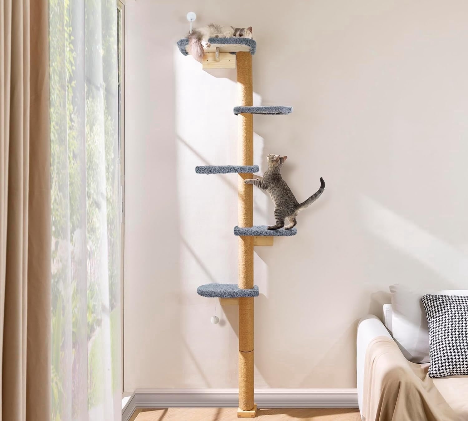 Peluomoz Adjustable Height Floor-to-Ceiling Kitten Cat Tree - Wall-Mounted 83" Climbing Tower with Grey Plush Pads & Scratching Post