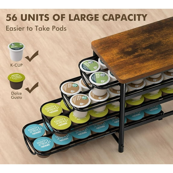 Coffee Pod Holder for K-cup, 56 Capsules Storage Drawer, 4-Tier Thick Metal with Sturdy Wooden Top, Vintage Coffee Pod Storage with Non-Slip Feet, Silent Sliding