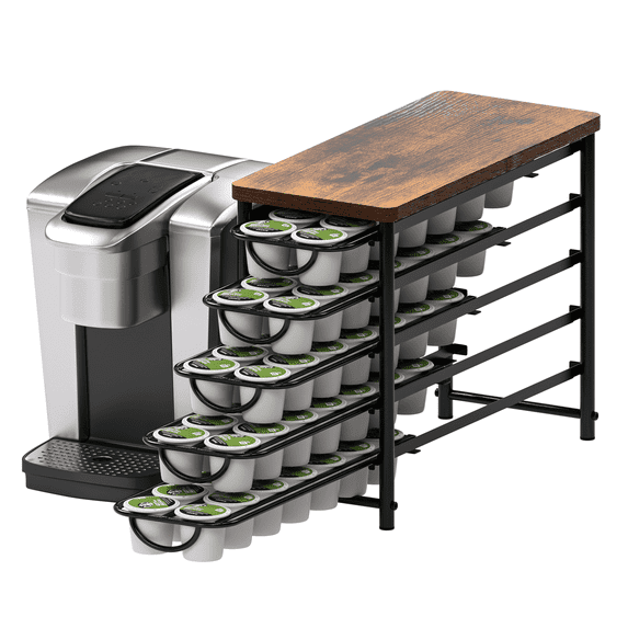 Coffee Pod Holder for K-cup, 72 Capsules Storage Drawer, 5-Tier Thick Metal with Sturdy Wooden Top, Vintage Coffee Pod Storage with Non-Slip Feet, Silent Sliding