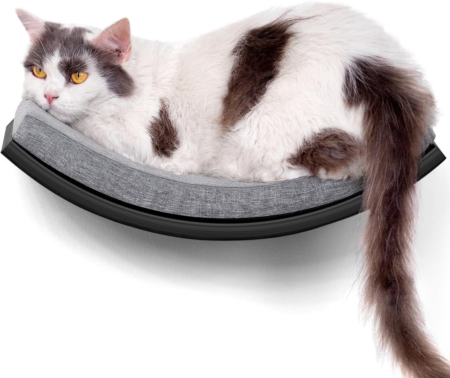 Peluomoz Curved Wooden Cat Wall Perch (Black & Gray) - Wall-Mounted Foam Mat Sleeper & Play Platform for Indoor Use