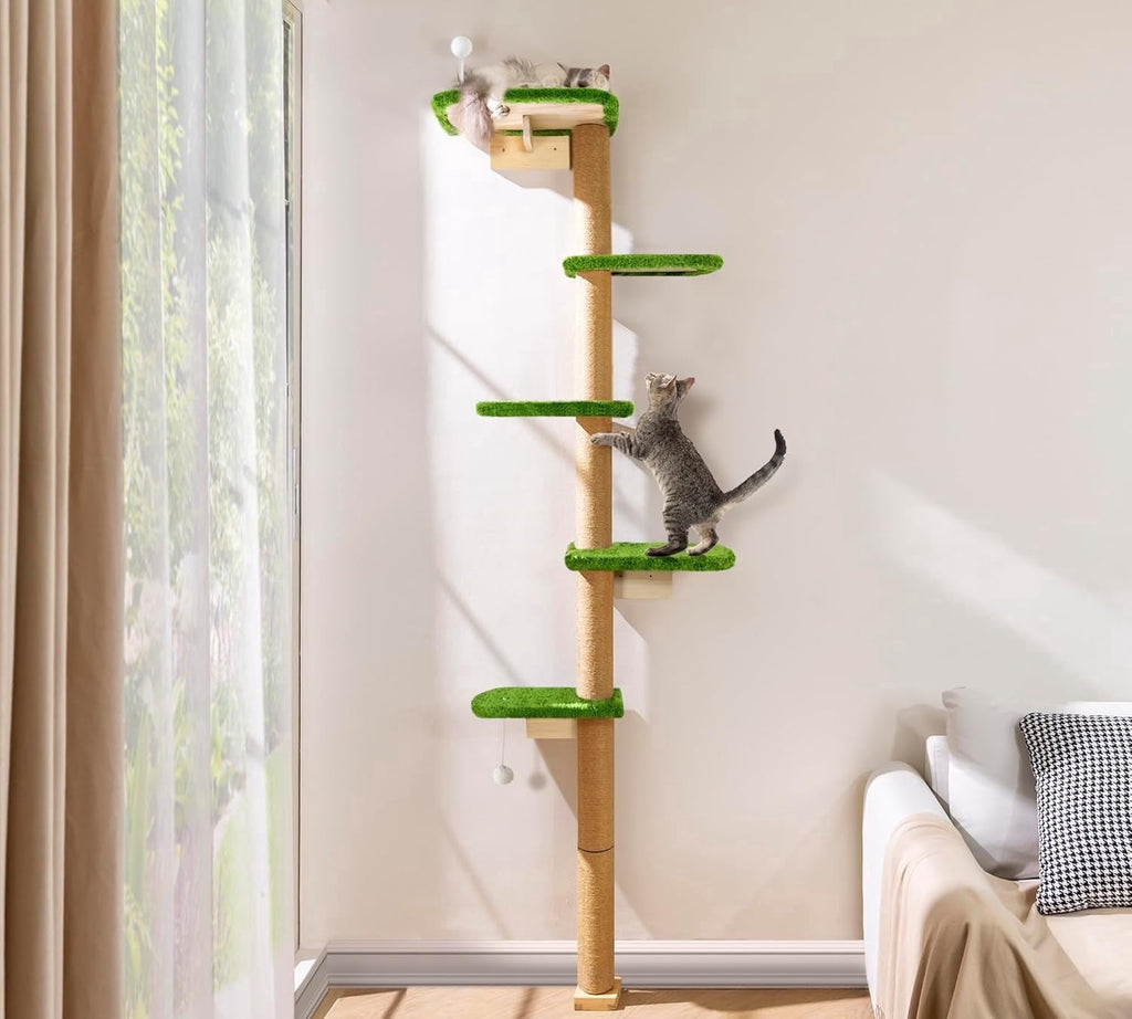 Peluomoz Adjustable Height Floor-to-Ceiling Cat Tree - Wall-Mounted 5-Platform Kitten Climber with Green Plush Pads
