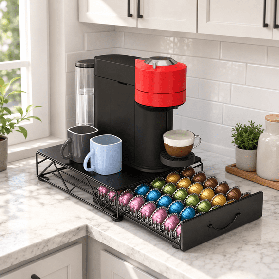 HFHOME Coffee Pod Holder Drawer Compatible with Nespresso - 40 Large or 60 Small VertuoLine Pods - Black Metal Coffee Capsule Storage Organizer for Vertuo
