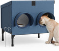 Outdoor Cat Feeding Shelter for Feral & Stray Cats, Insulated Dining Room with Slanted Roof & Double Feed Hole, Connects to PELUOMOZ Cat Houses, Windproof & Weatherproof - Navy Blue, 16" x 12" x 15.5"