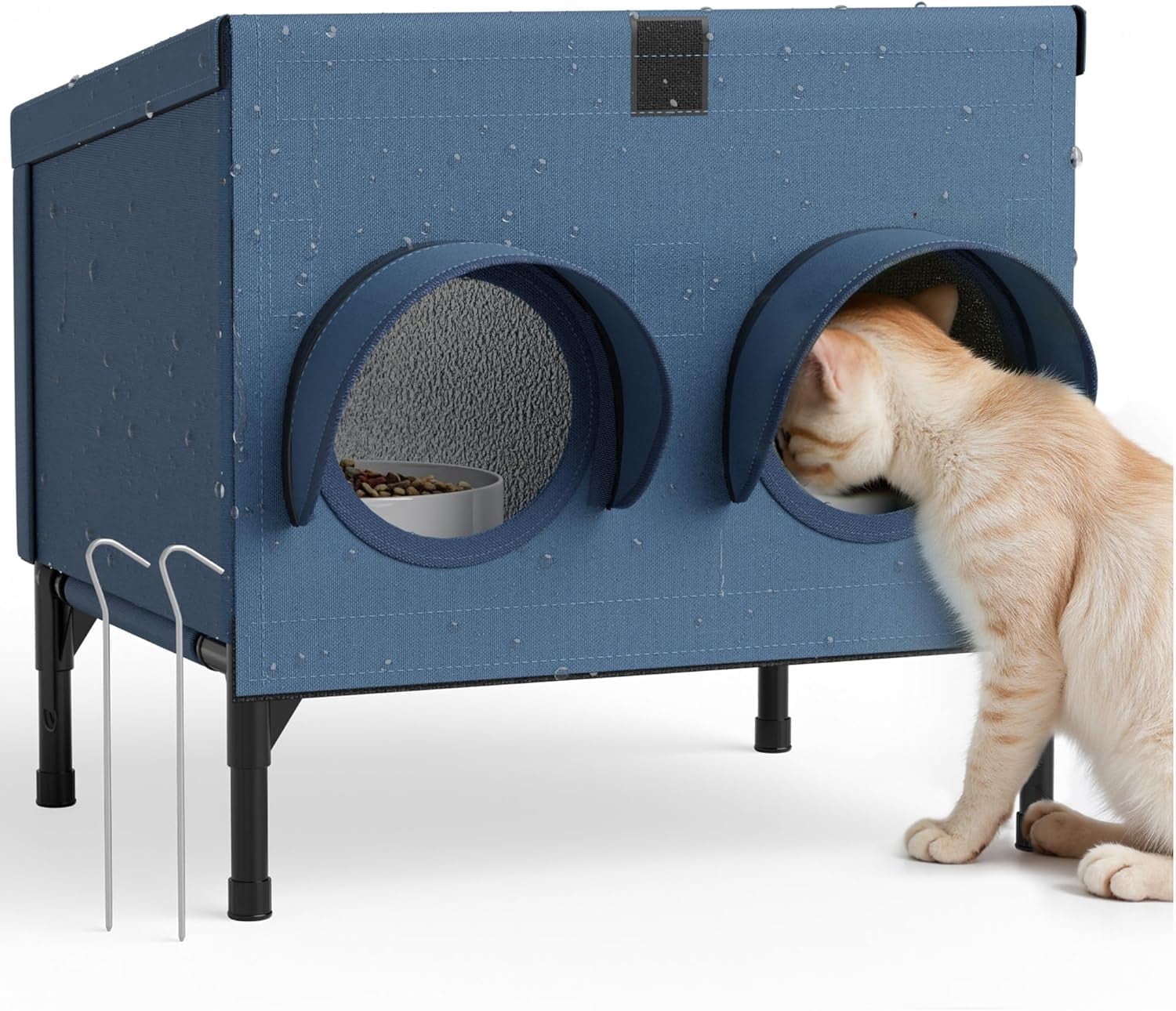 Outdoor Cat Feeding Shelter for Feral & Stray Cats, Insulated Dining Room with Slanted Roof & Double Feed Hole, Connects to PELUOMOZ Cat Houses, Windproof & Weatherproof - Navy Blue, 16" x 12" x 15.5"