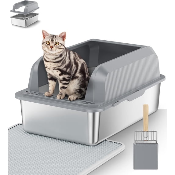 Stainless Steel Litter Box with Lid, XL Enclosed Cat Litter Box for Big Cats, Non-Stick Metal Litter Pan with High Sides, Anti-Urine Leakage, Includes Stainless Steel Scoop, Pedal & Non-Slip Mat