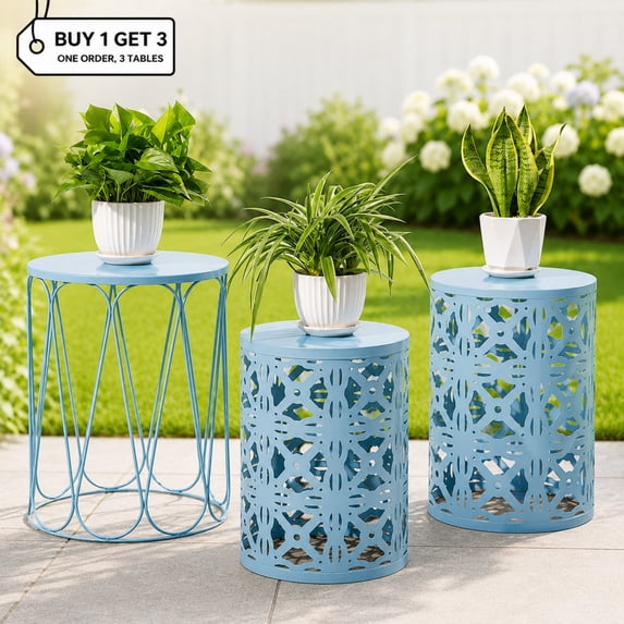 Y&M 3-Piece Nesting End Table Set, Round Metal Side Tables with Geometric Design, Blue