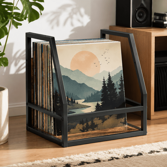 Y&M 2 In 1 Vinyl Record Storage Crate, 1PC Wood LP Holder, Wall Mount or Desktop Metal Album Organizer, Holds 80+ Records, Multifunctional Stackable Magazine Display Shelf, Brown