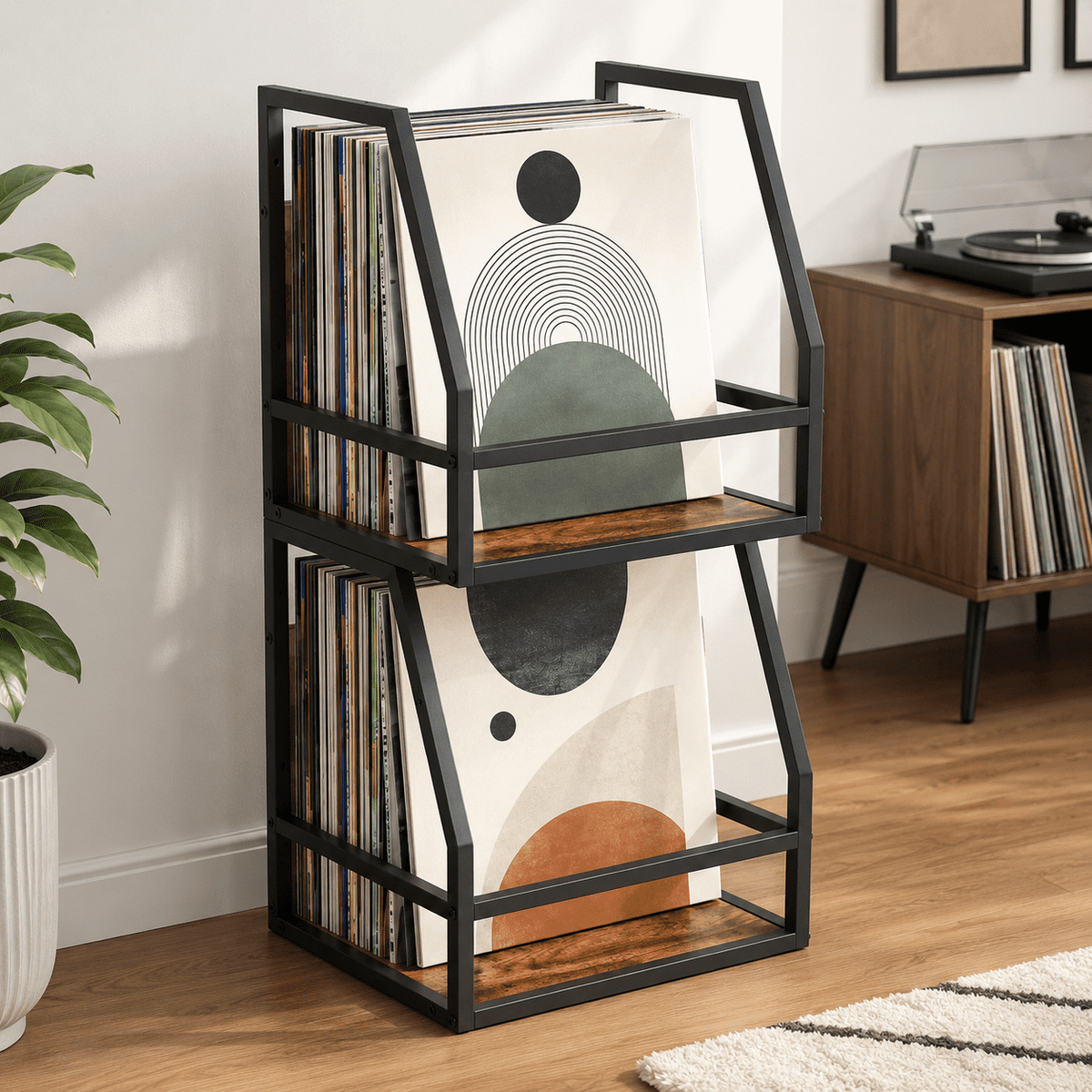 Y&M 2 In 1 Vinyl Record Storage Crate, 2 Pack Wood LP Holder, Wall Mount or Desktop Metal Album Organizer, Holds 80+ Records, Multifunctional Stackable Magazine Display Shelf,Minimalist magazi, Brown