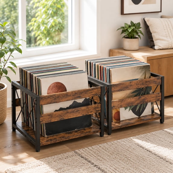 Y&M 2 Packs Vinyl Record Storage Crate, Wooden Storage Box, Classic Cube CD Albums Shelf Holder Organizer, Holds Up to 100+ Records, Magazine Rack for Desktop, Home, Office, Brown