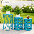 Y&M 3-Piece Nesting Metal Side Table Set, Round Geometric Garden Stools with Plant Stand Design, Blue