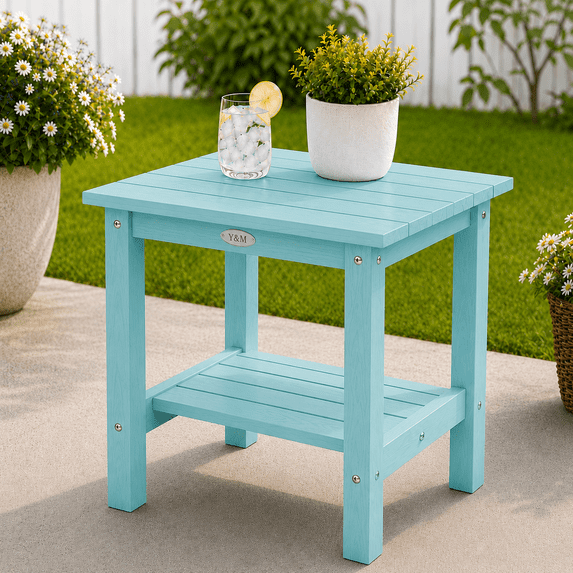 Y&M Outdoor Side Table, HIPS Adirondack Small Double Layer Table, Waterproof Square Balcony Modern End Tables for Patio, Pool, Beach, Porch, Deck, Indoor or Outdoor Use, Light Blue