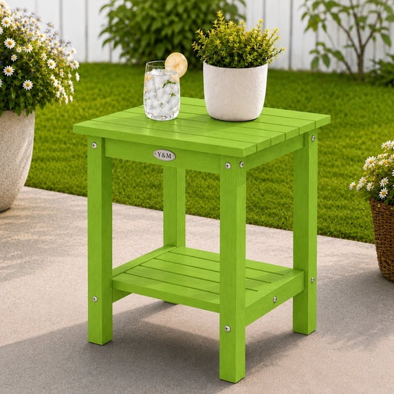 Y&M Outdoor Side Table, HIPS Adirondack Small Double Layer Table, Waterproof Square Balcony Modern End Tables for Patio, Pool, Beach, Porch, Deck, Indoor or Outdoor Use, Lime