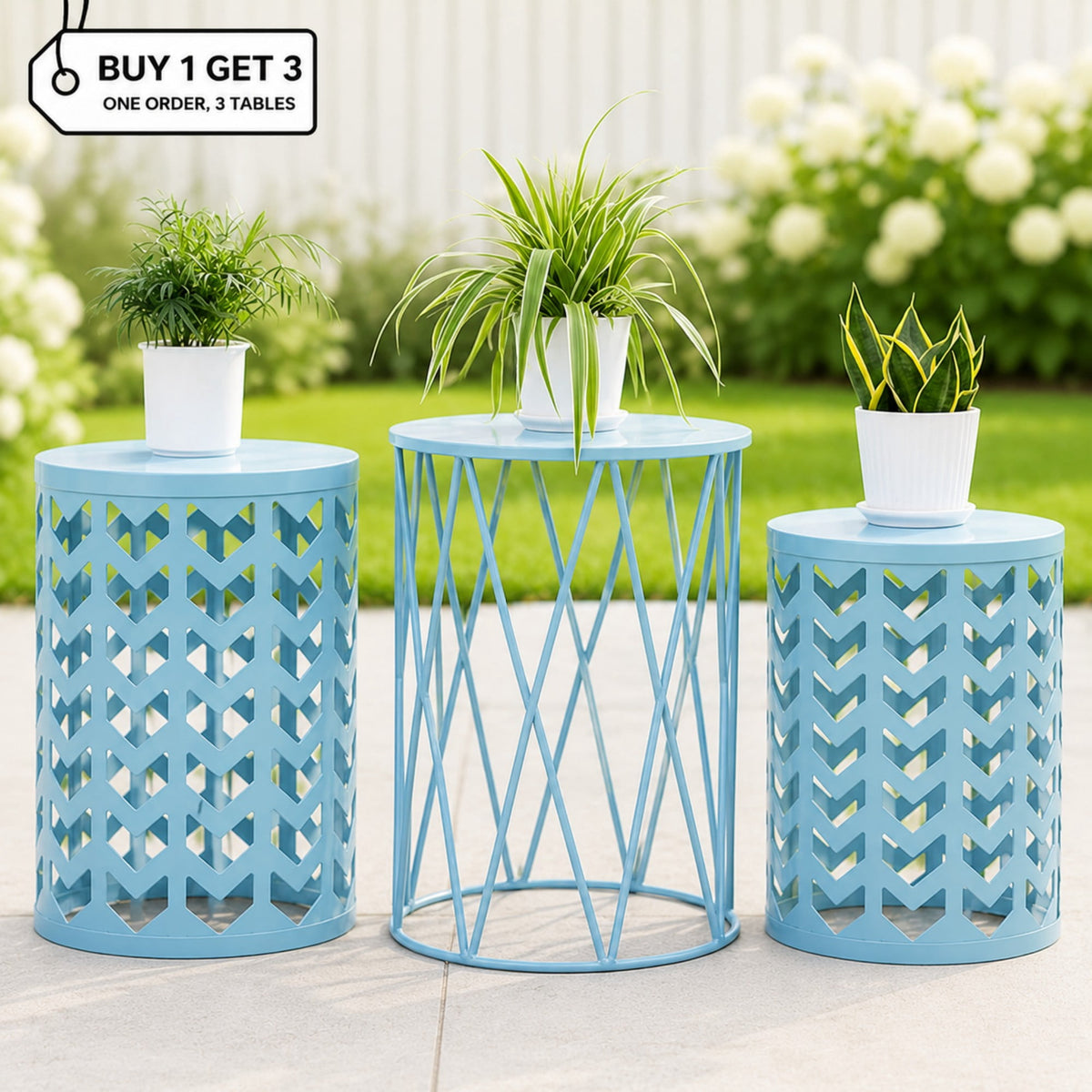 Y&M 3-Piece Nesting Metal Table Set, Round Side Tables with Plant Stand Design, Sky Blue