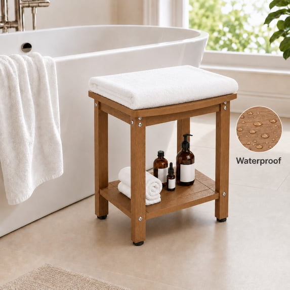 Y&M Shower Bench, HDPE Waterproof Shower Seat with Storage Shelf, Indoor Bathroom Stool for Adults, Brown