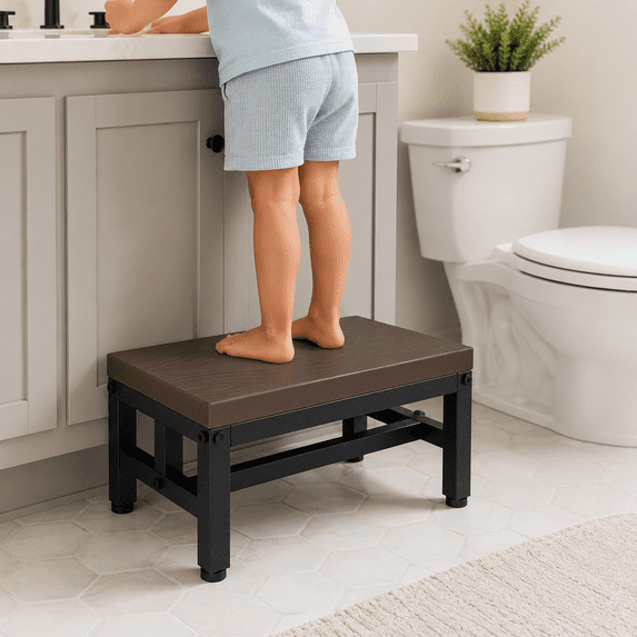 Y&M One Step Stool for Adults, Non-Slip Foot Stool with Metal Frame, Bed and Bathroom Step, Coffee