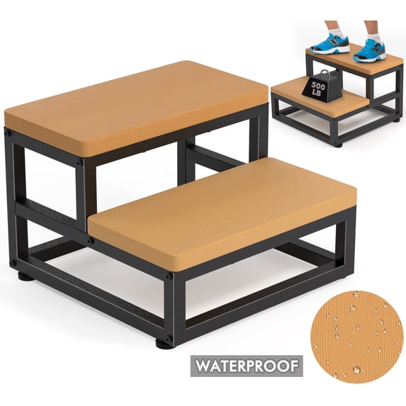 Y&M Two Step Stool for Adults Kids, Waterproof HPDE Bed Step Foot Stool with Adjustable Non-Slip Feet, Metal Frame Stepping for Kitchen Bathroom Bedroom Living Room, Indoor or Outdoor Use, Brown