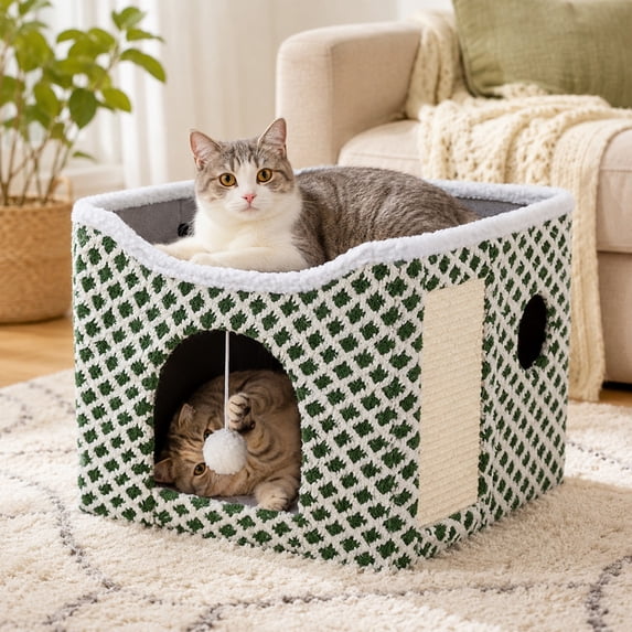 Peluomoz Clawsable Large Indoor Cat House with Scratch Pad & Fluffy Ball Hanging, Green