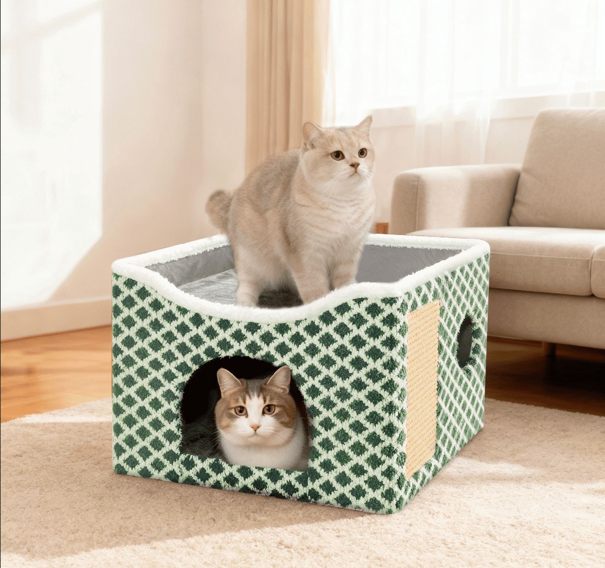 Peluomoz Clawsable Large Indoor Cat House with Scratch Pad & Fluffy Ball Hanging, Green