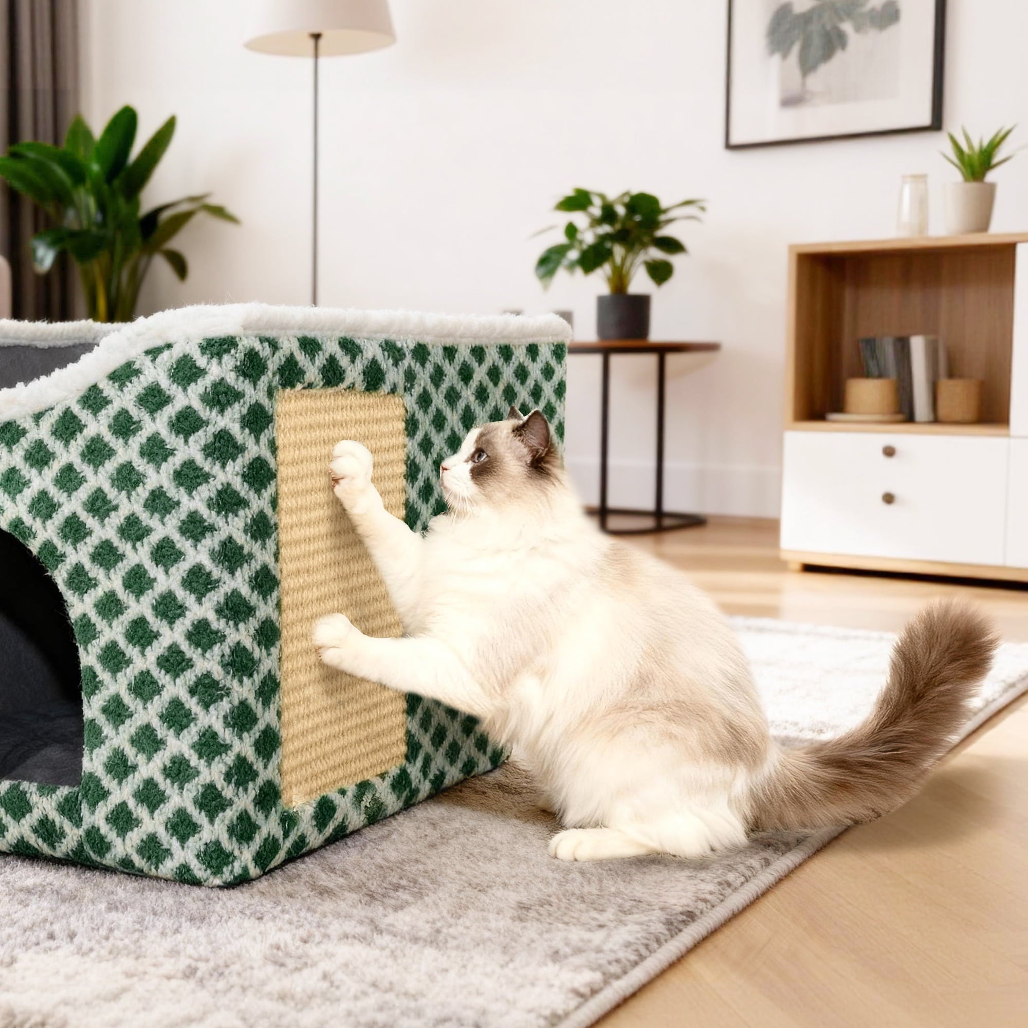 Peluomoz Clawsable Large Indoor Cat House with Scratch Pad & Fluffy Ball Hanging, Green