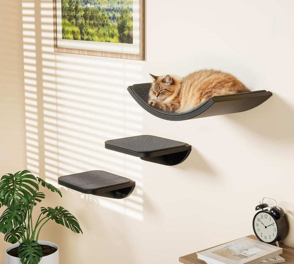 Curved Cat Wall Shelves with Scratching Mat, Wall Mounted Wood Multi-Functional Cats Walls Furniture for Indoor, Cat Sleeper Platform Shelf for Climb Play Nap