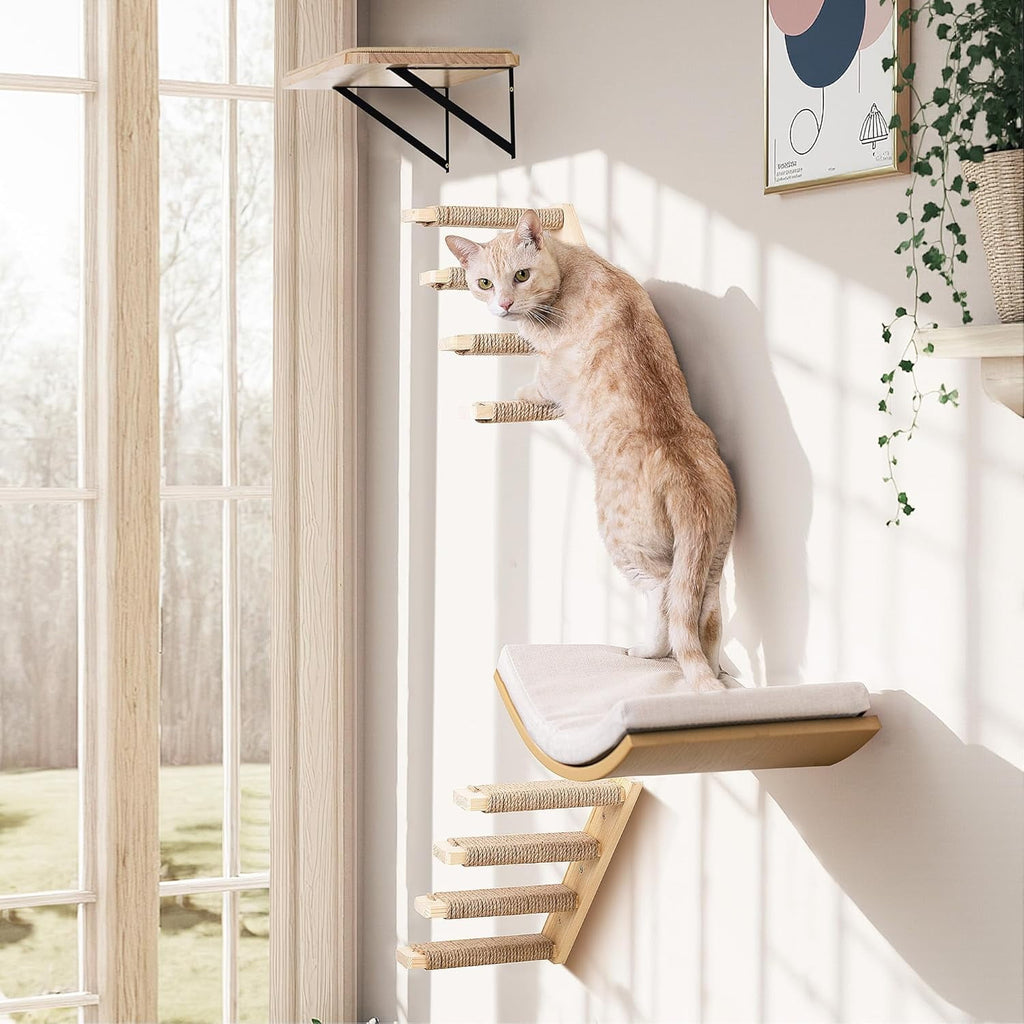 PELUOMOZ Natural Wood 4-Step Reversible Cat Stair Shelf - Wall-Mounted Sisal Rope Climber Furniture