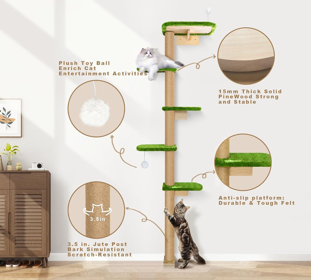 Peluomoz Adjustable Height Floor-to-Ceiling Cat Tree - Wall-Mounted 5-Platform Kitten Climber with Green Plush Pads